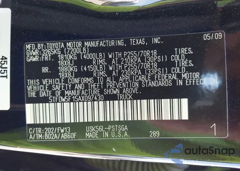 2010 Toyota Tundra Grade 5.7L V8 from USA, damaged, VIN 5TFDW5F15AX097430